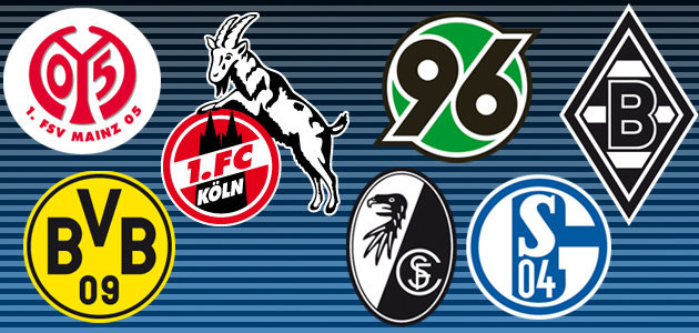 Logos 1. FSV Mainz 05, 1. FC Köln, Hannover 96, Borussia Mönchengladbach, BVB, Sport-Club Freiburg, FC Schalke 04